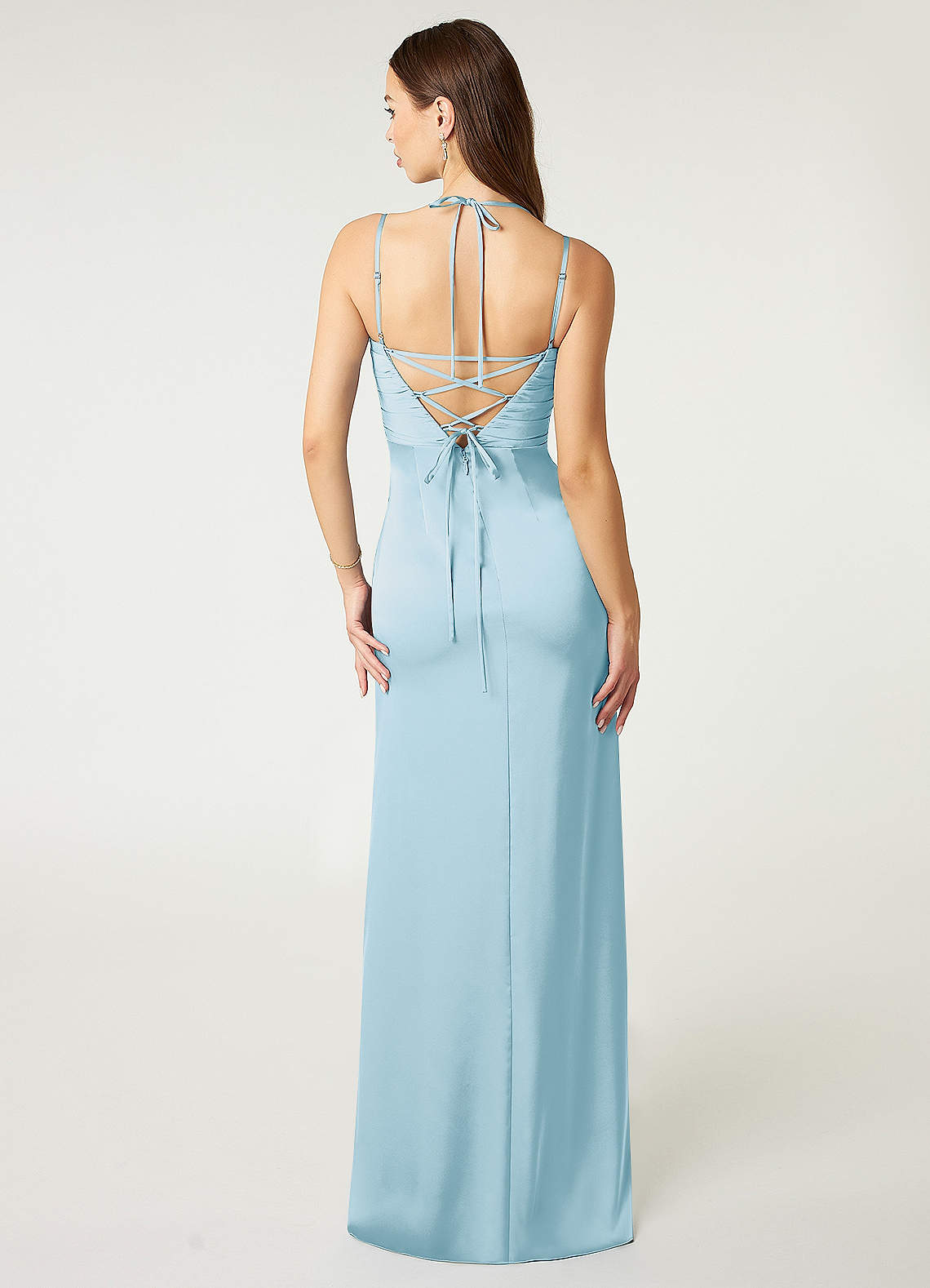 Desi Sheath Halter Stretch Satin Bridesmaid Dress in Sky Blue