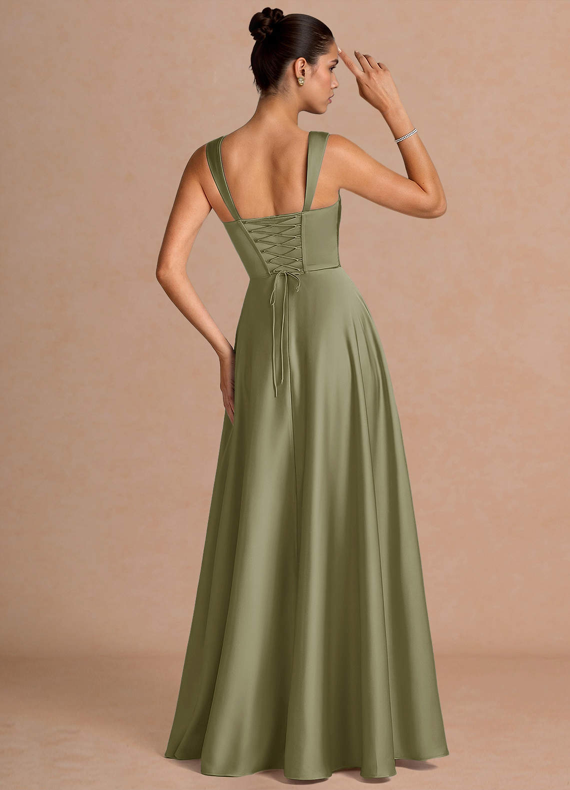 Azaria A-Line Square-Neck Stretch Satin Wedding Guest Dress in Pistachio