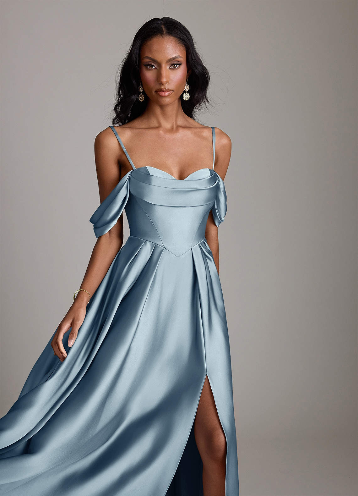 Loisa A-Line Off-the-Shoulder Stretch Satin Bridesmaid Dress in dusty blue