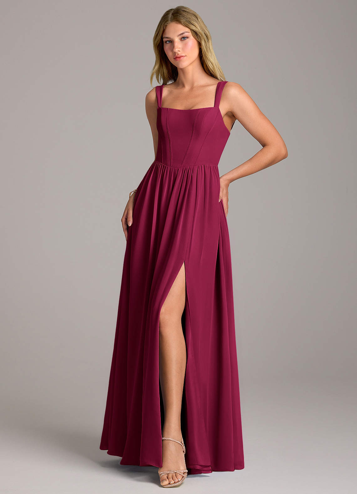 Rosaline A-Line Square-Neck Chiffon Bridesmaid Dress in Burgundy
