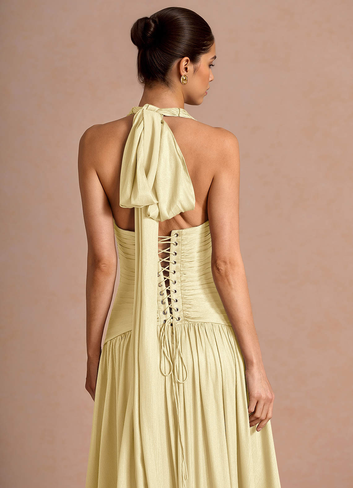 Hecate A-Line Halter Satin-Faced Chiffon Evening Dress in Lemon Sorbet