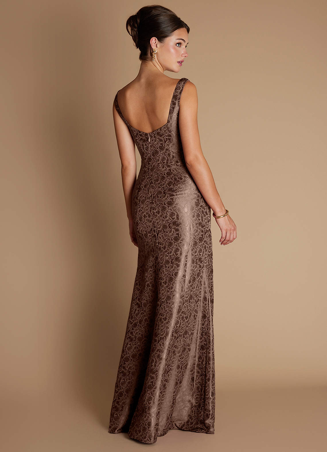 Kiana Mermaid Scoop-Neck Jacquard Wedding Guest Dress in Mocha Coco