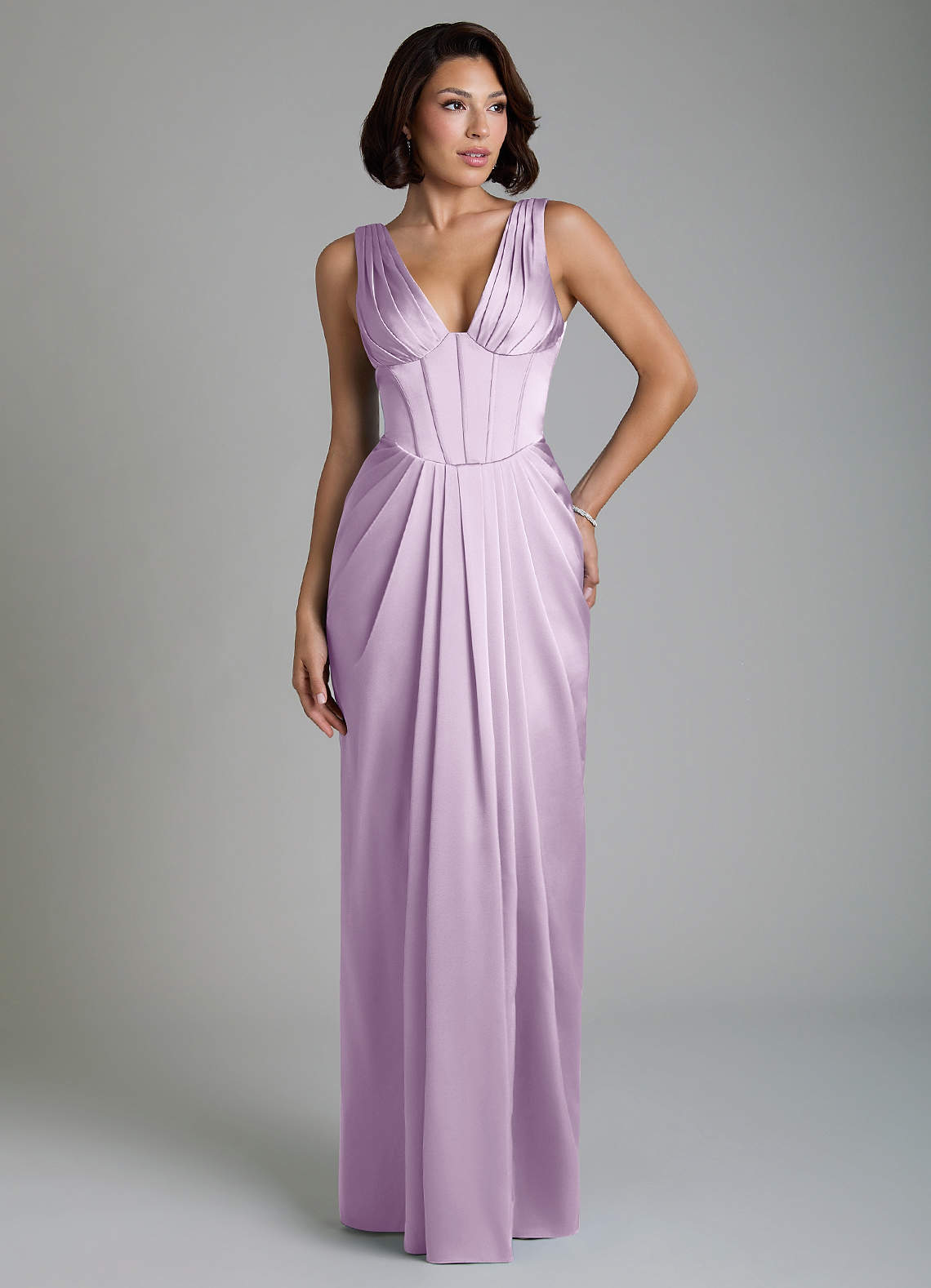 Vanya Sheath V-Neck Stretch Satin Bridesmaid Dress in Frosted Lilac