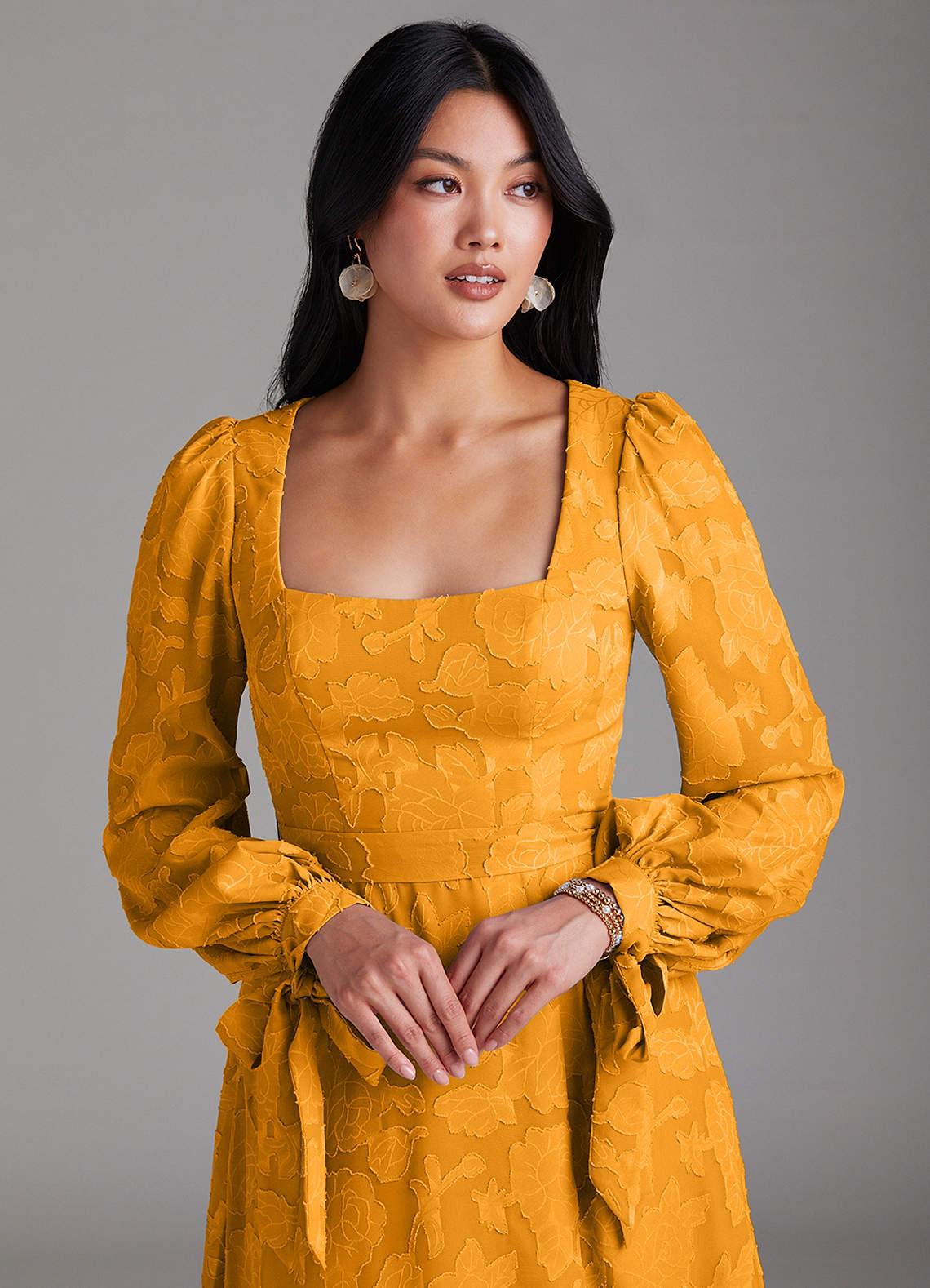 Leonia A-Line Square-Neck Stretch Satin Bridesmaid Dress in butterscotch