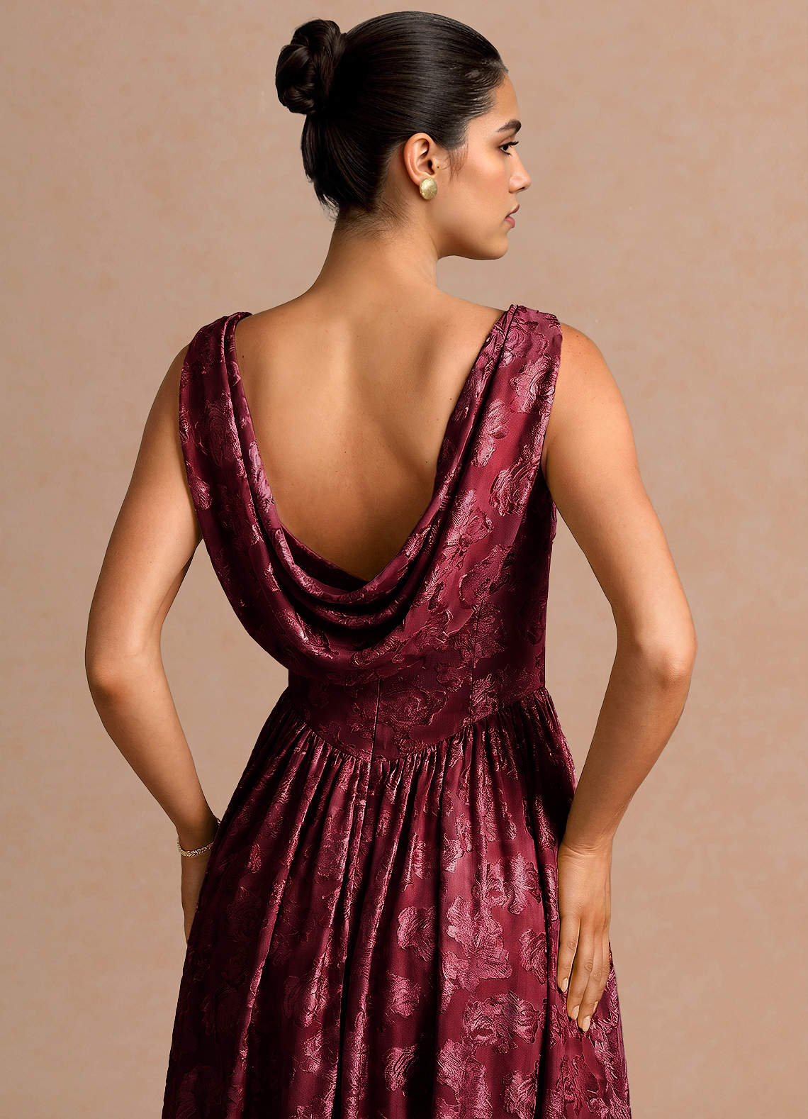 Novi A-Line Draped-Neck Floral Fil Coupé Evening Dress in Wine