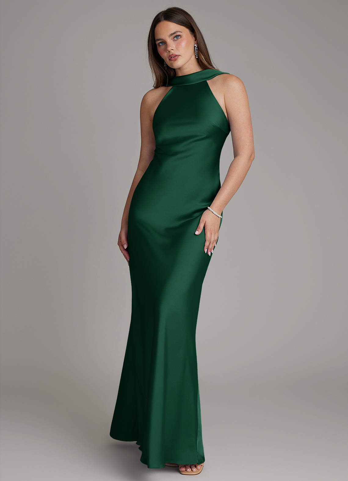 Dimitra Sheath Halter Stretch Satin Bridesmaid Dress in Dark Green
