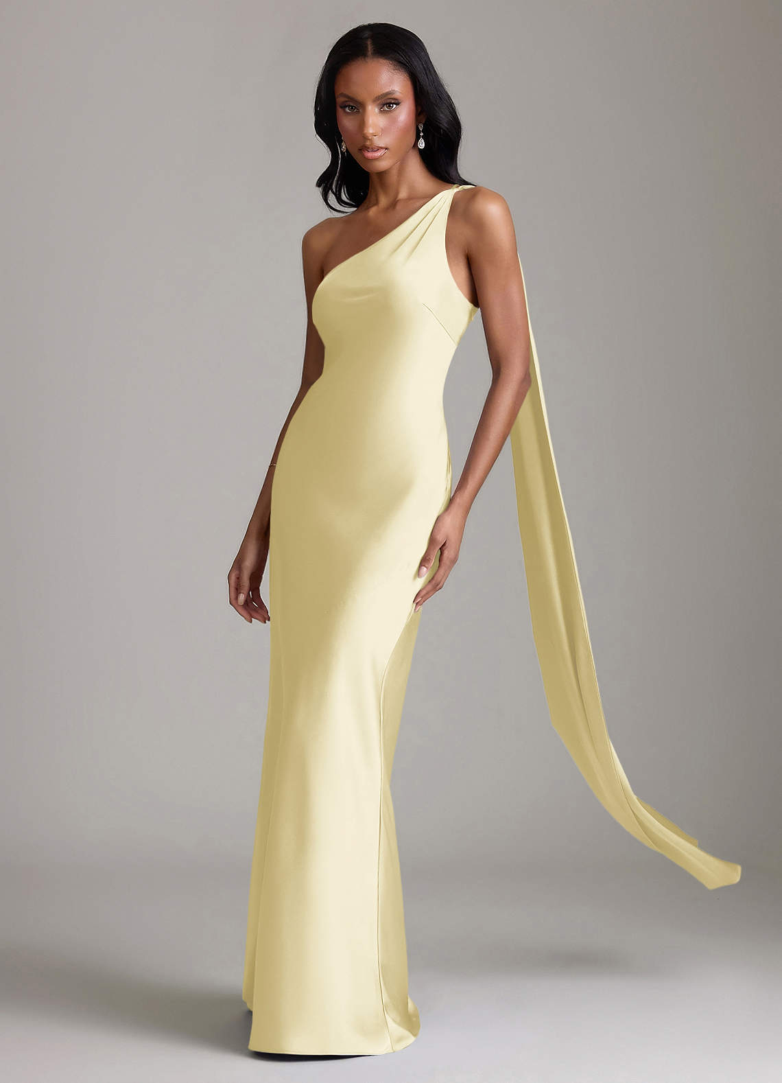 Juniper Mermaid One-Shoulder Stretch Satin Bridesmaid Dress in Lemon Sorbet