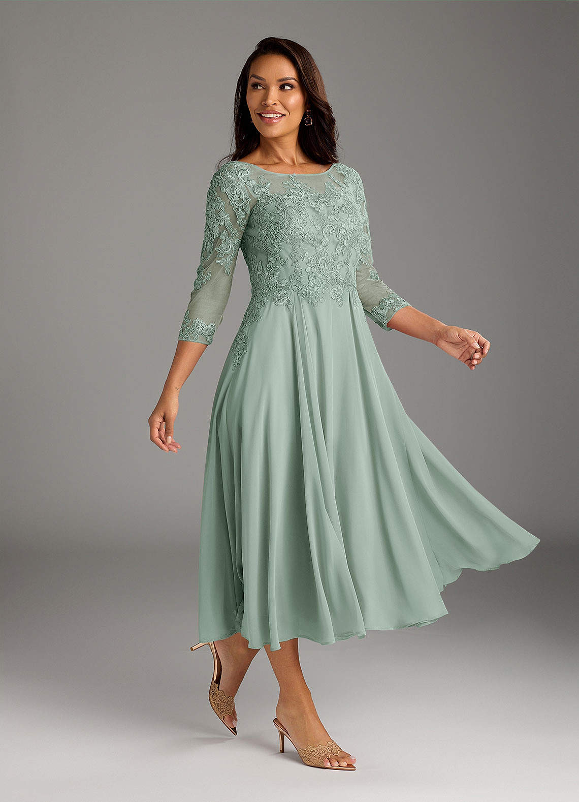 Marge A-Line Scoop-Neck Chiffon and Lace Mother of the Bride Dress in Agave