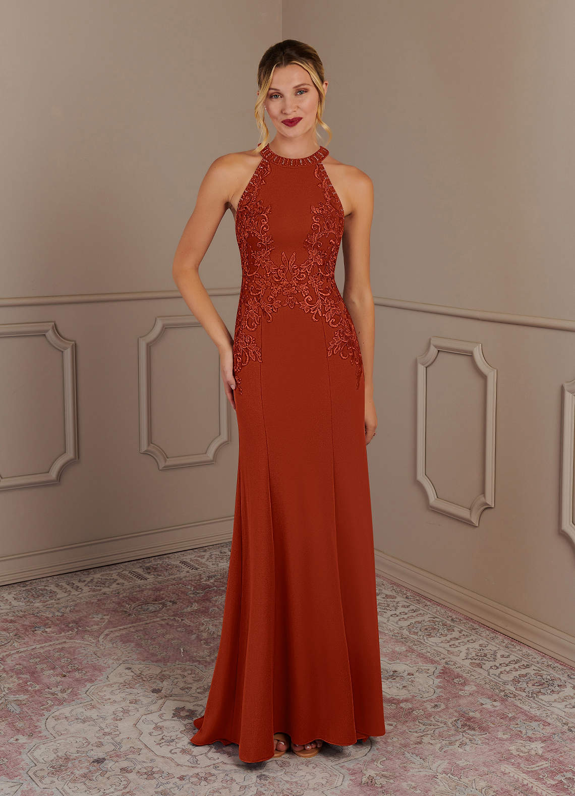 Tyra Mermaid Halter Tulle and Stretch Crepe Mother of the Bride Dress in Rust