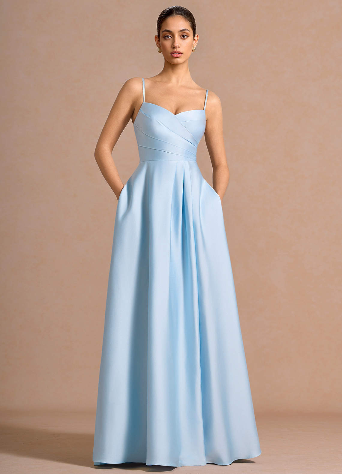 Nancy A-Line V-Neck Stretch Satin and Chiffon Evening Dress in Sky Blue