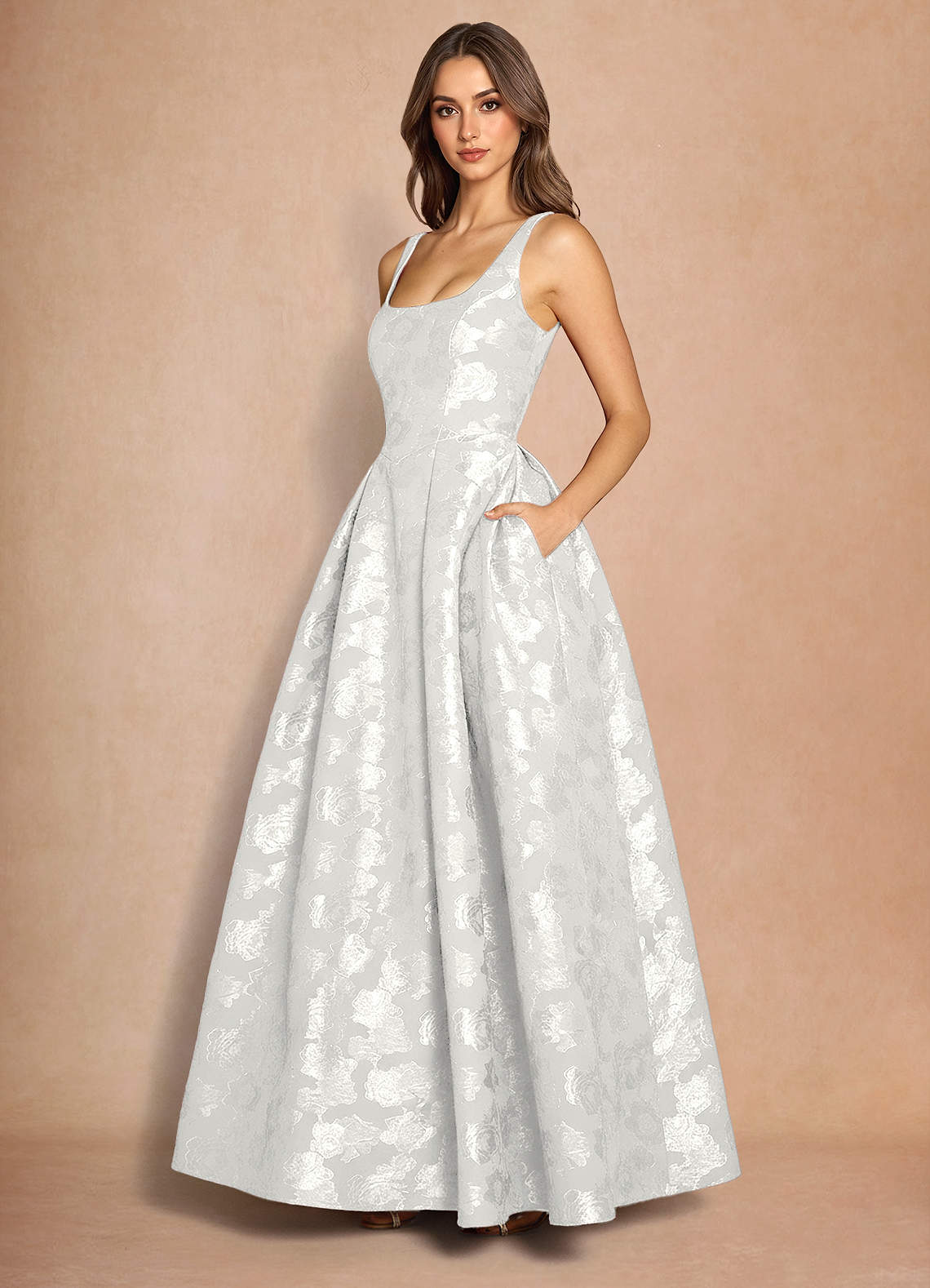 Briac A-Line Scoop-Neck Fil Coupé Evening Dress in White
