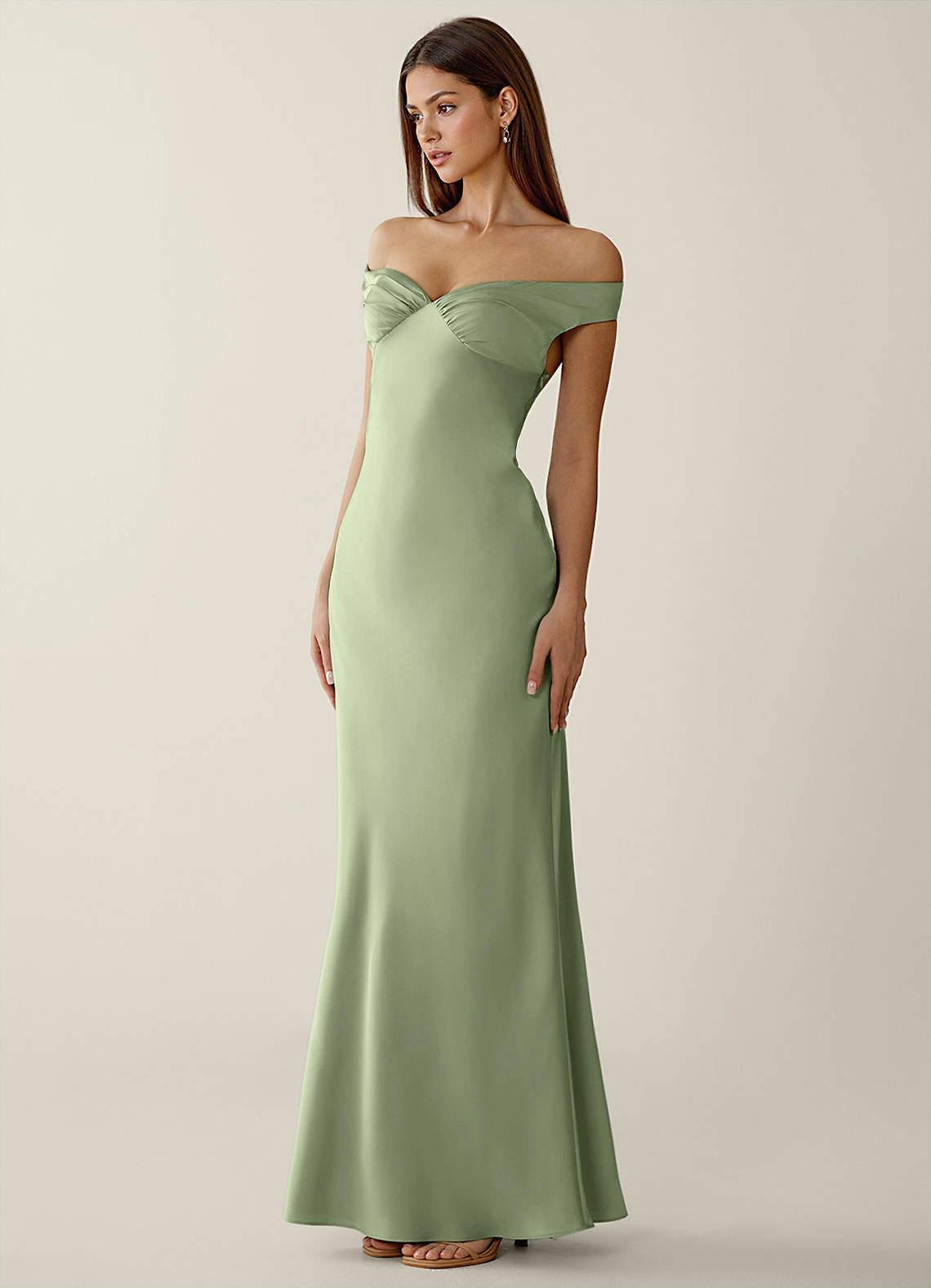 Gwendonme Sheath Off-the-Shoulder Satin Crystal Linen Evening Dress in Light Green