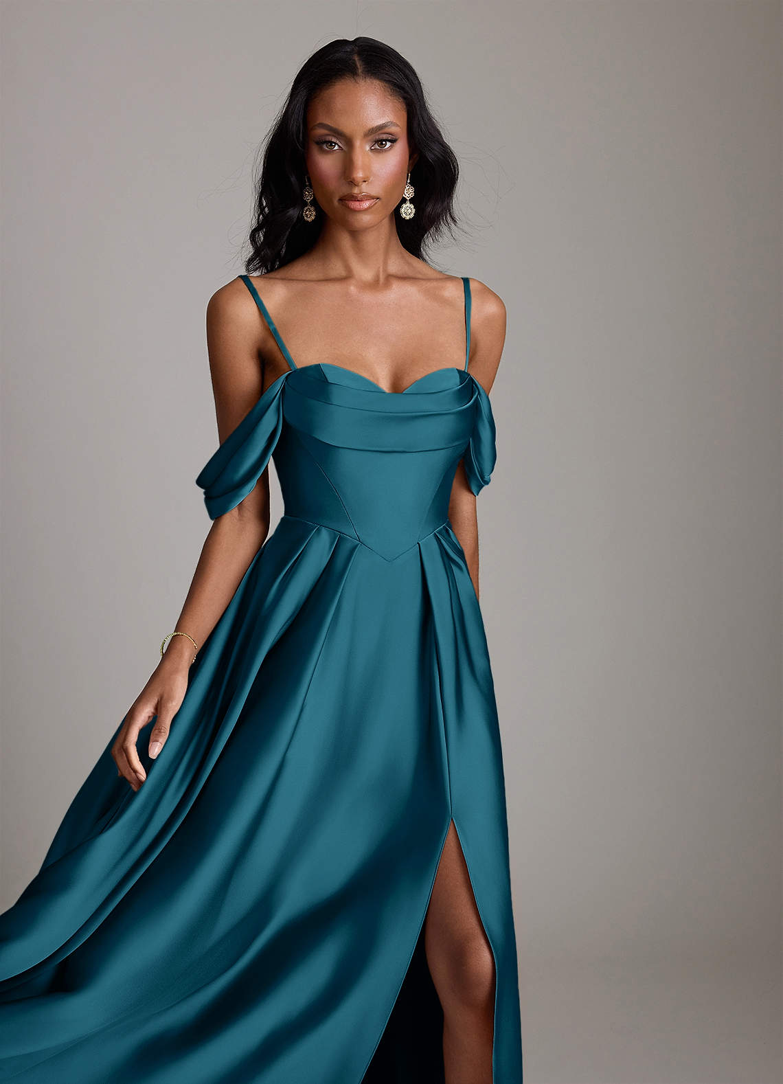 Loisa A-Line Off-the-Shoulder Stretch Satin Bridesmaid Dress in Ink Blue