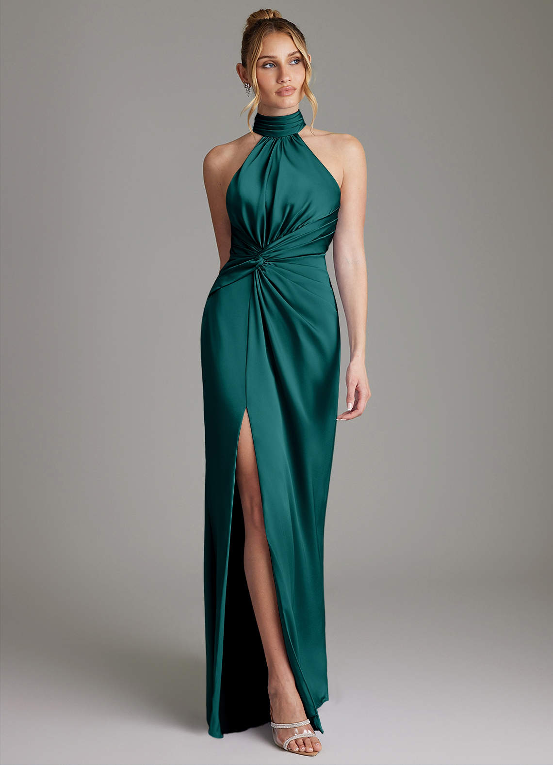 Gracelynn Sheath Halter Stretch Satin Bridesmaid Dress in Peacock