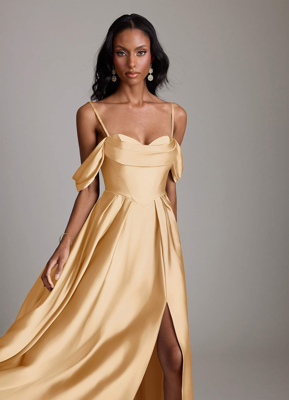 Loisa A-Line Off-the-Shoulder Stretch Satin Bridesmaid Dress in Gold