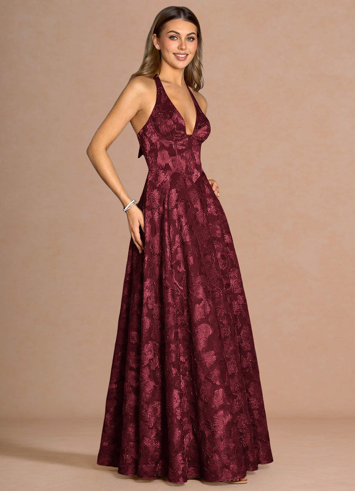 Isabeau A-Line V-Neck Fil Coupé Evening Dress in Wine