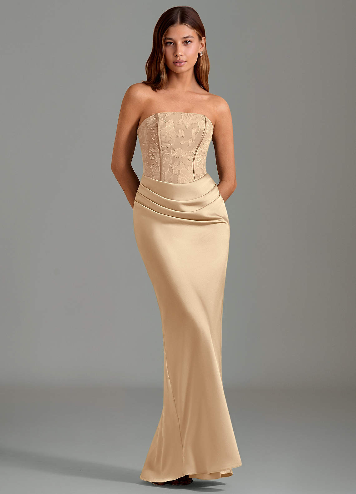 Emilia Mermaid Strapless Stretch Satin and Floral Burnout Bridesmaid Dress in Champagne
