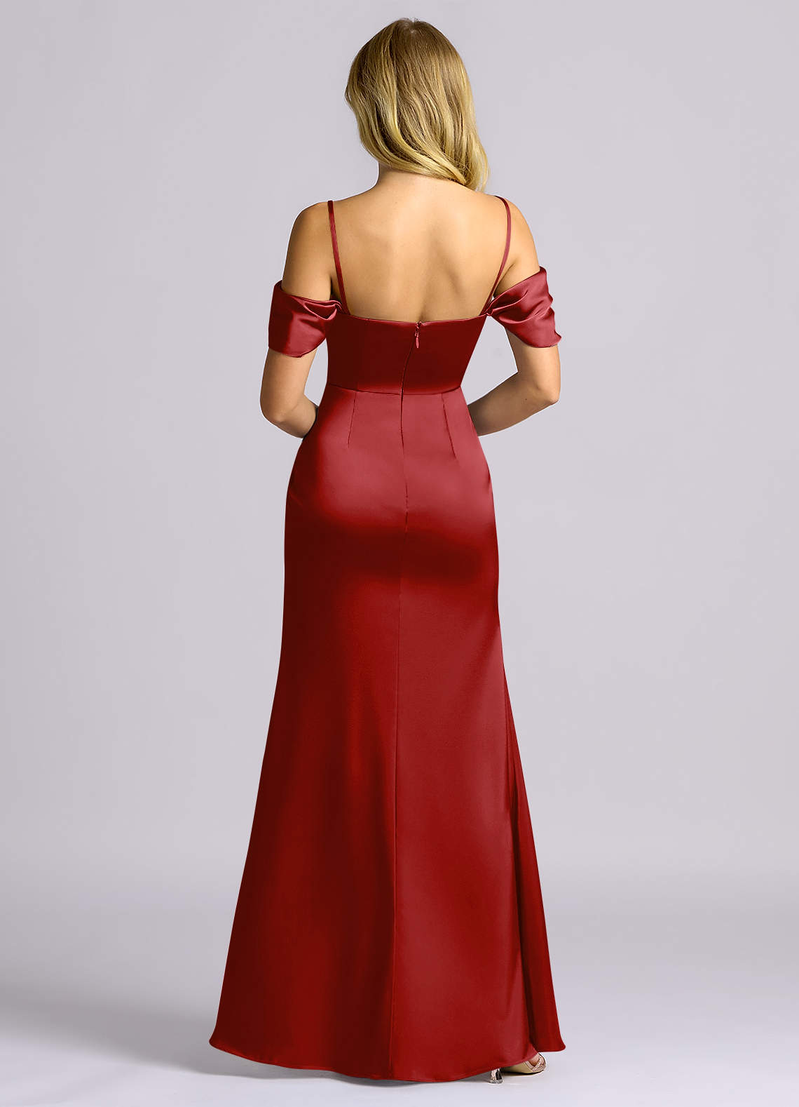 Auden Sheath Off-the-Shoulder Stretch Satin Bridesmaid Dress in Pomegranate