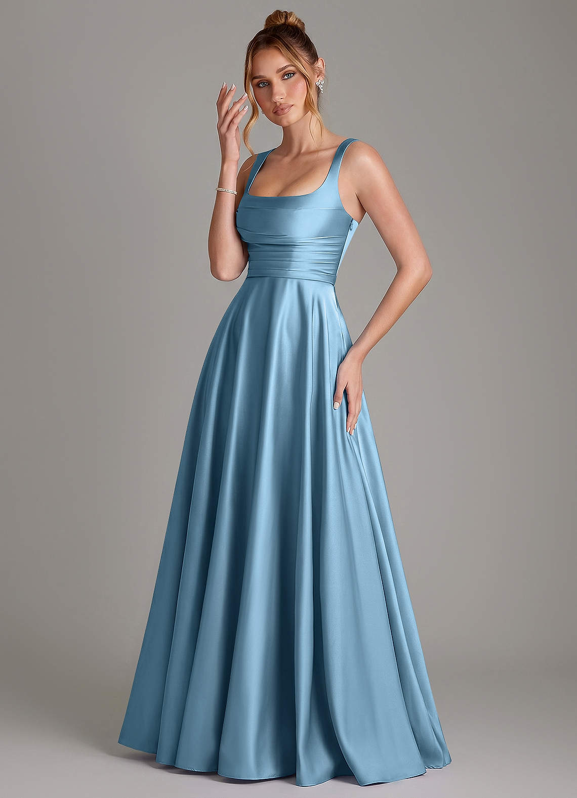 Azaria A-Line Square-Neck Stretch Satin Bridesmaid Dress in Steel Blue