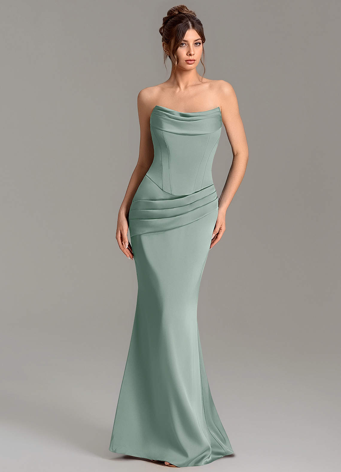 Adrienne Mermaid Cowl-Neck Stretch Satin Bridesmaid Dress in Silver Sage