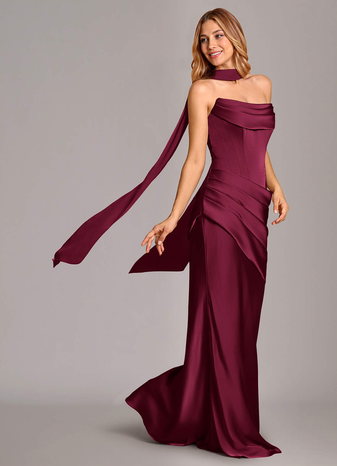 Pelagia Mermaid Cowl-Neck Stretch Satin Bridesmaid Dress in Burgundy
