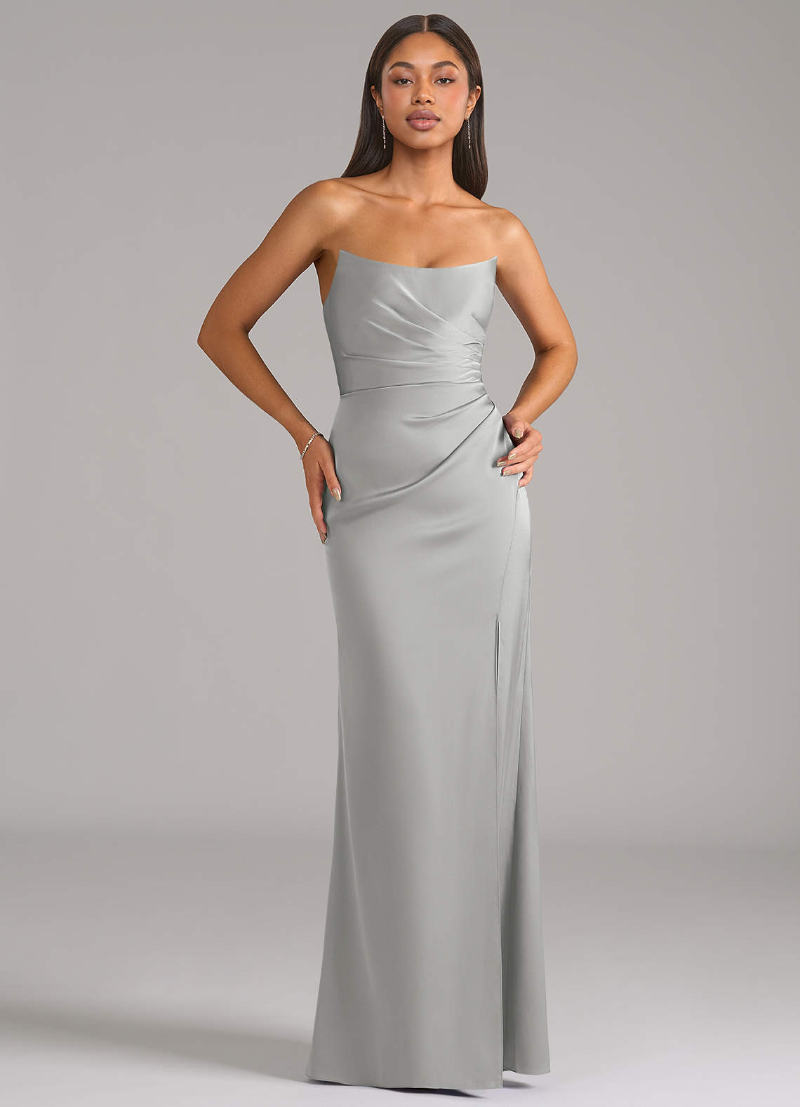 Marla Sheath Strapless Stretch Satin Bridesmaid Dress in Silver