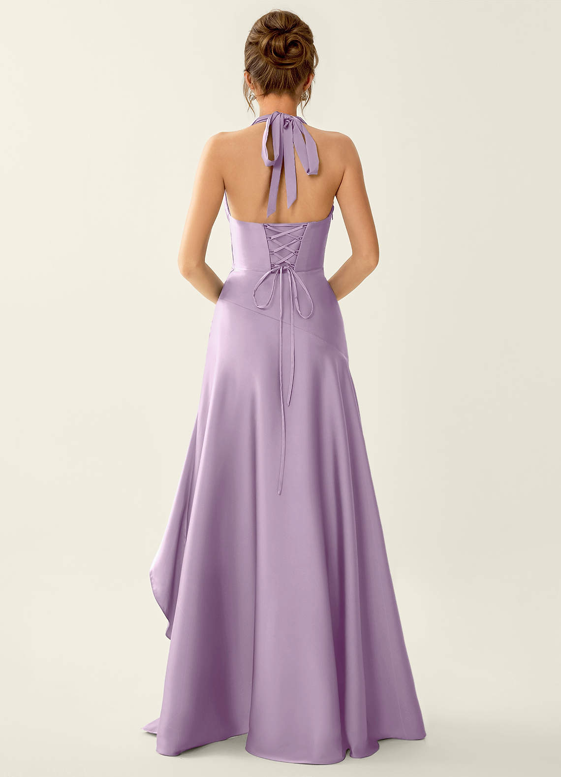 Titania Halter Asymmetric-Ruffle Satin Evening Dress in Frosted Lilac