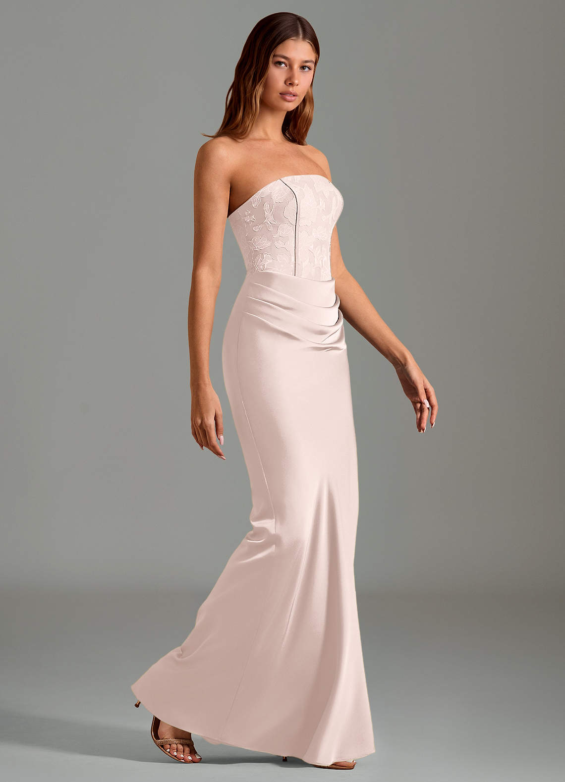 Emilia Mermaid Strapless Stretch Satin and Floral Burnout Bridesmaid Dress in Blushing Pink