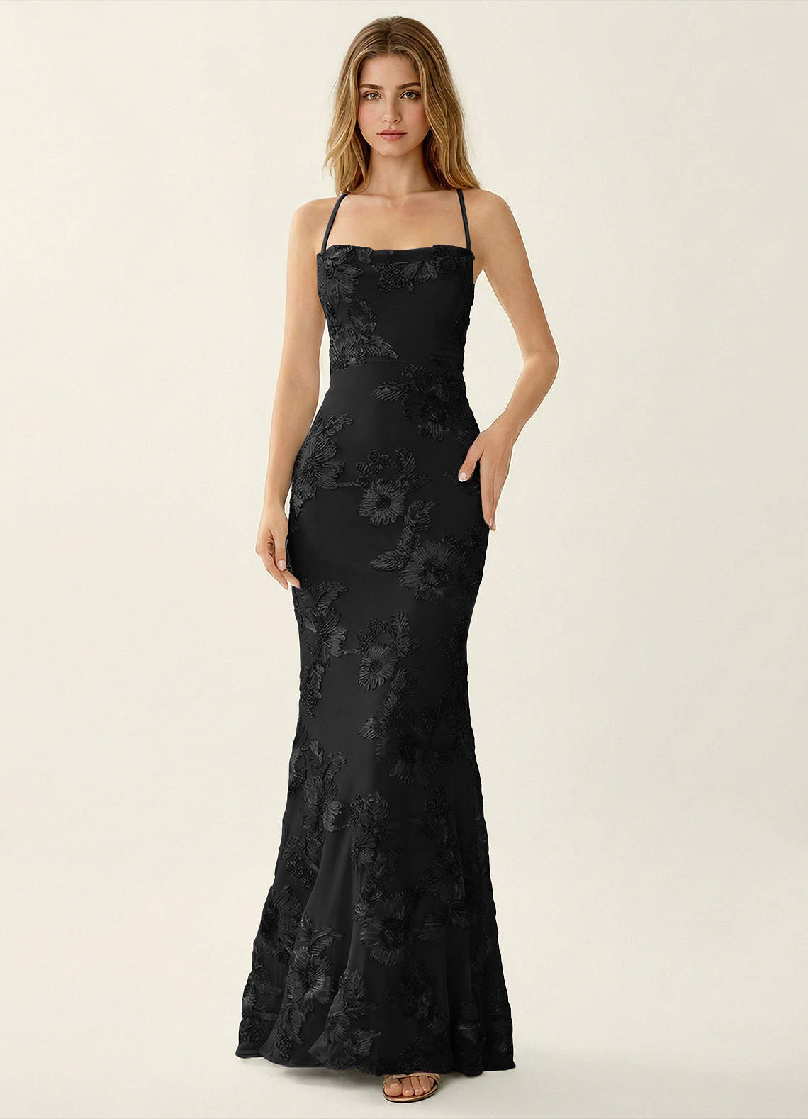 Kailani Mermaid Spaghetti-Strap Lace Evening Dress in Pale Purple