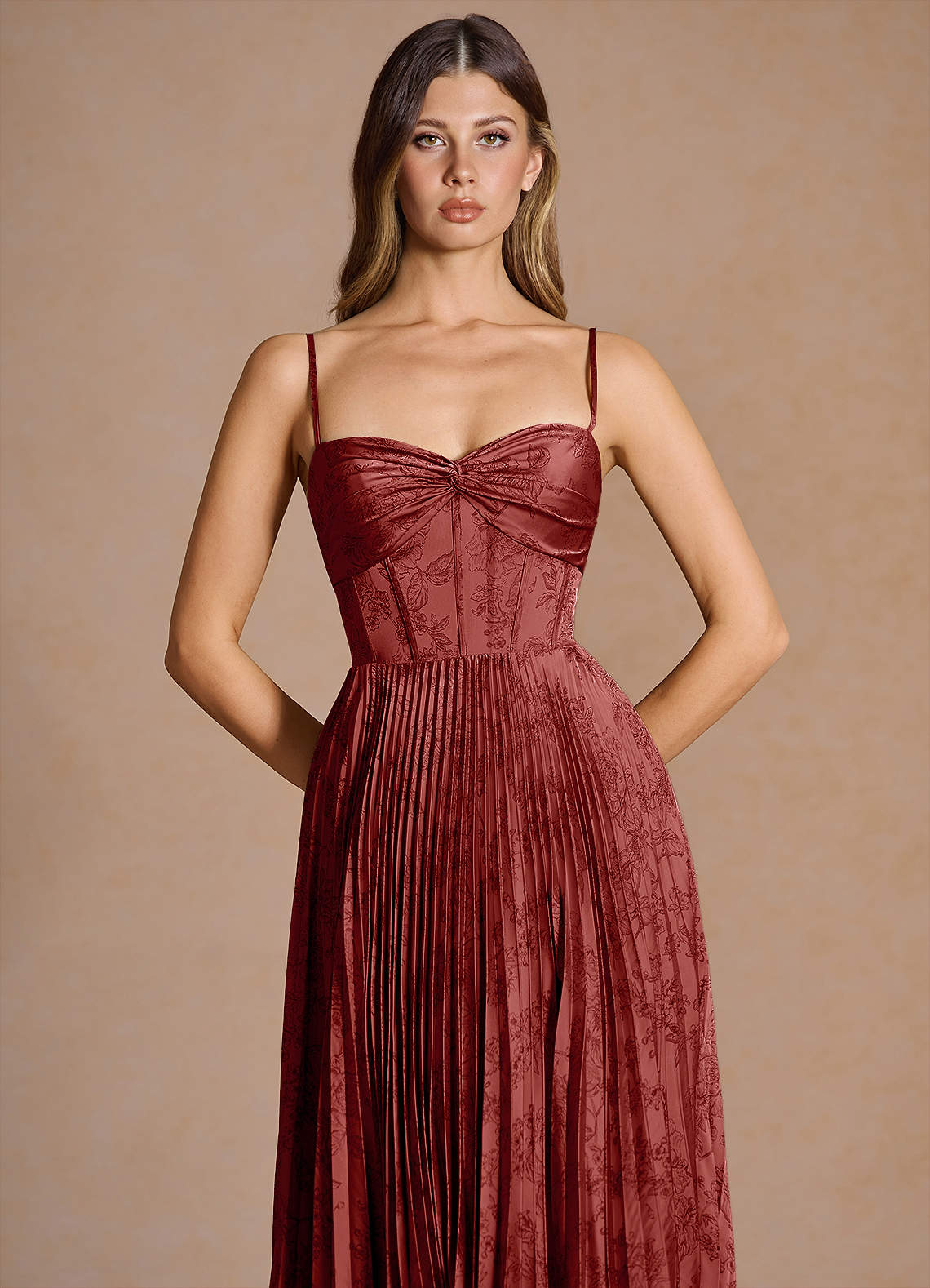 Vesper Pleated Knot-Neck Jacquard Wedding Guest Dress in Orange Red