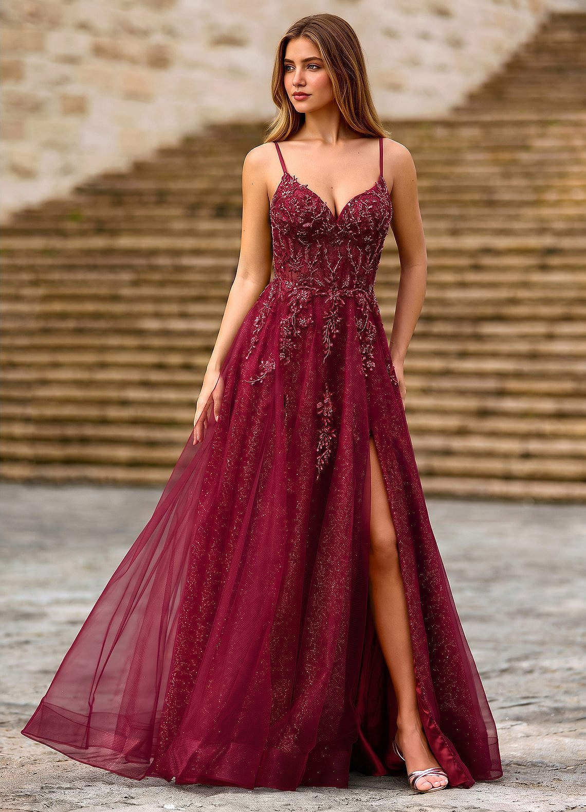 Milliener A-Line V-Neck Tulle Evening Dress in Burgundy