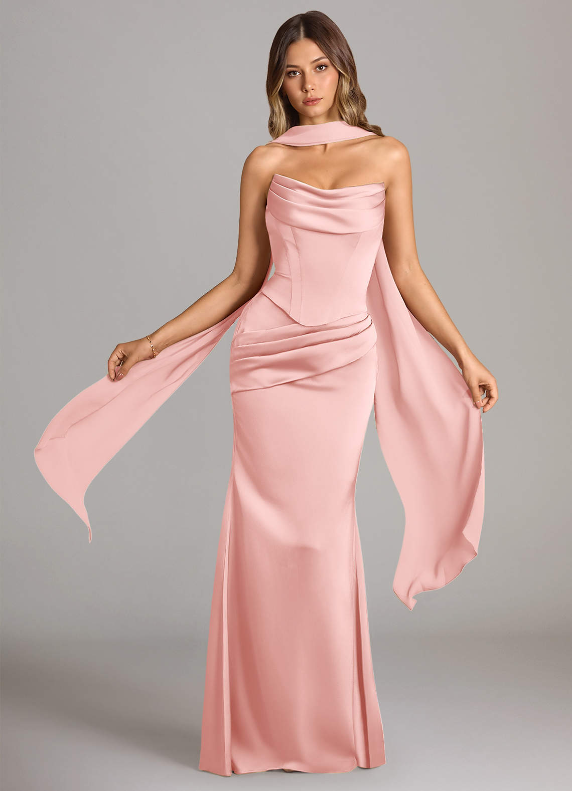 Sorrel Mermaid Cowl-Neck Stretch Satin and Chiffon Bridesmaid Dress in Powder Pink
