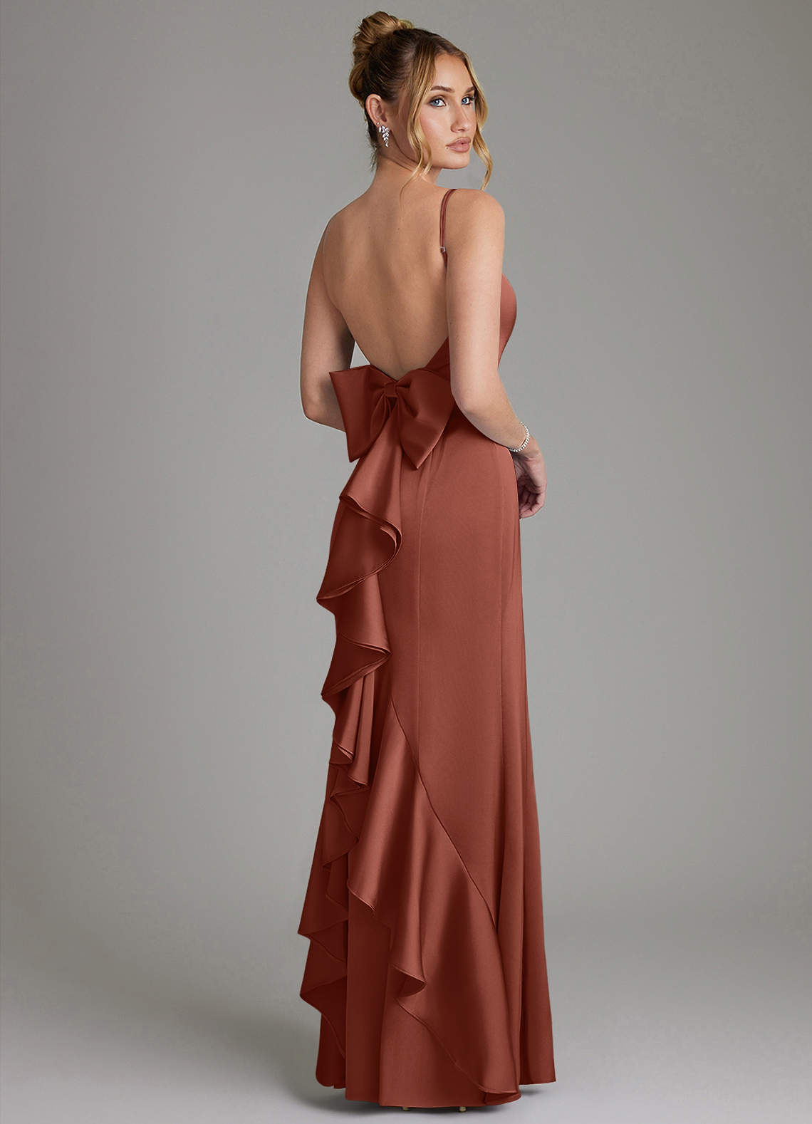 Zherra Mermaid Scoop-Neck Stretch Satin Bridesmaid Dress in Auburn
