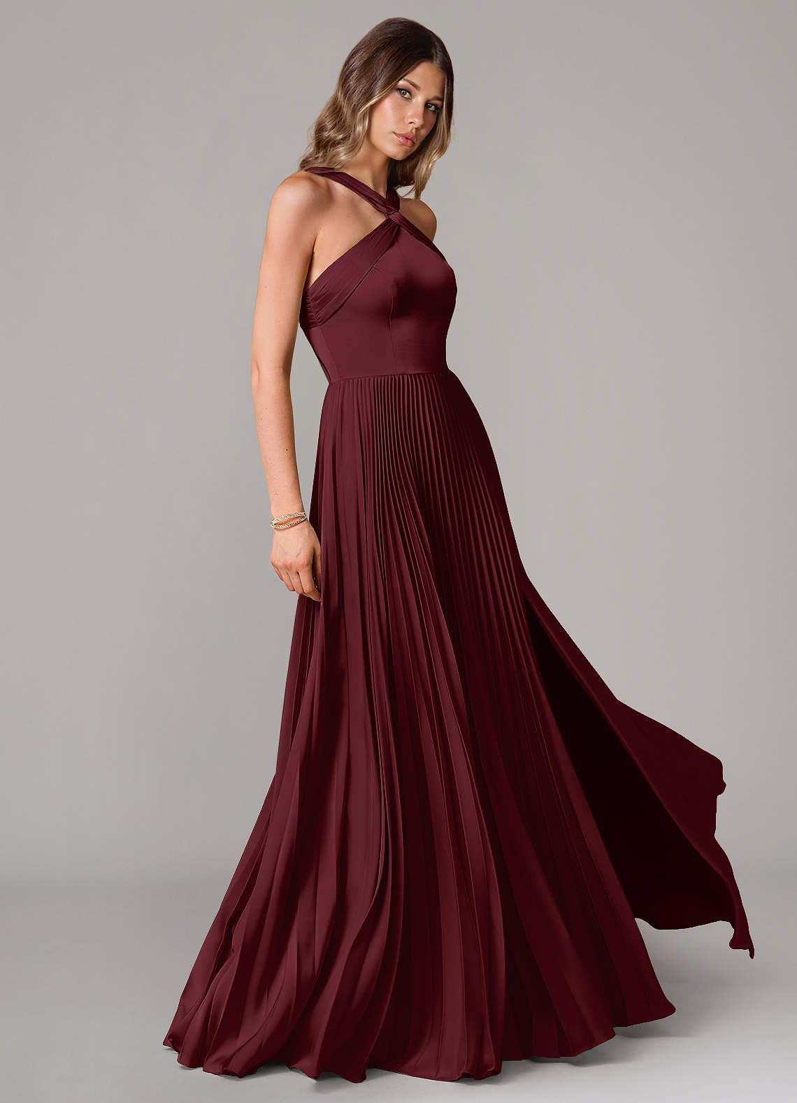 Afra A-Line Halter-Neck Stretch Satin Bridesmaid Dress in Cabernet