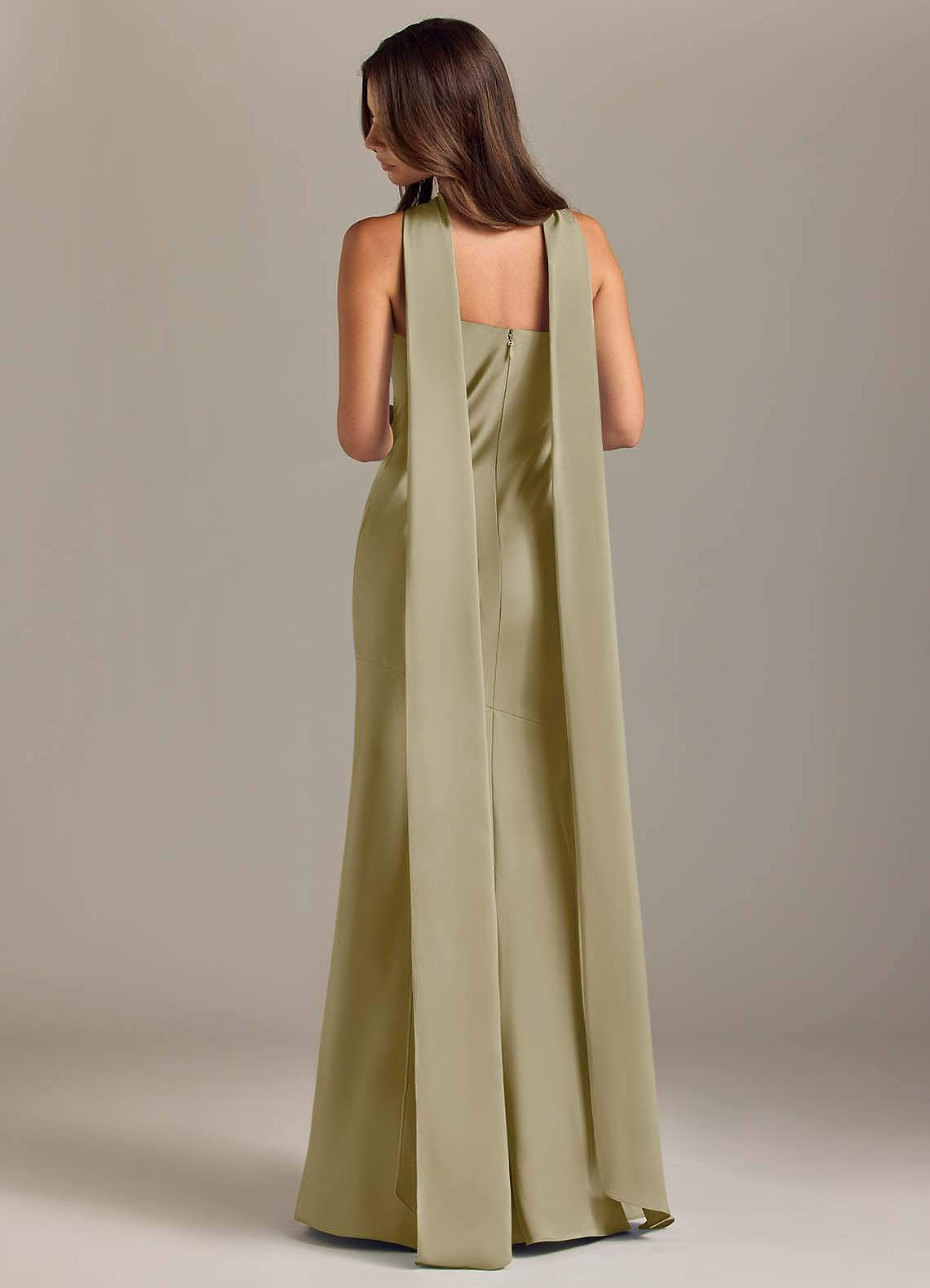 Kinsley Mermaid Halter Stretch Satin Bridesmaid Dress in Moss Green