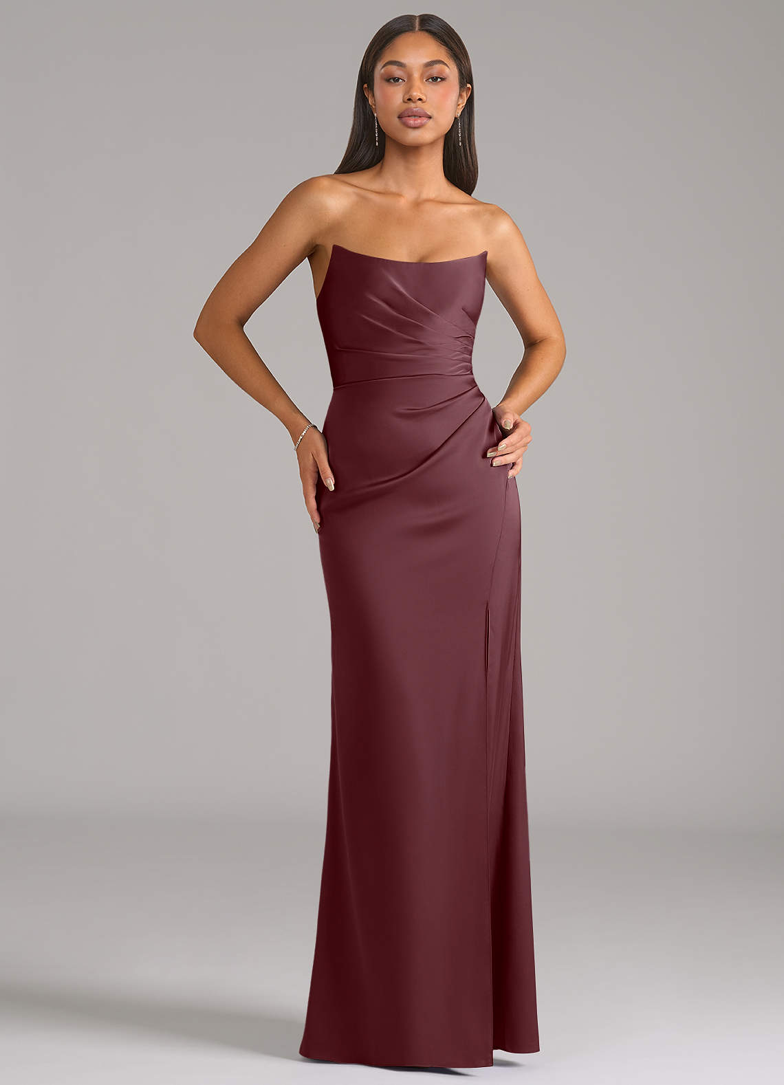 Marla Sheath Strapless Stretch Satin Bridesmaid Dress in Sangria
