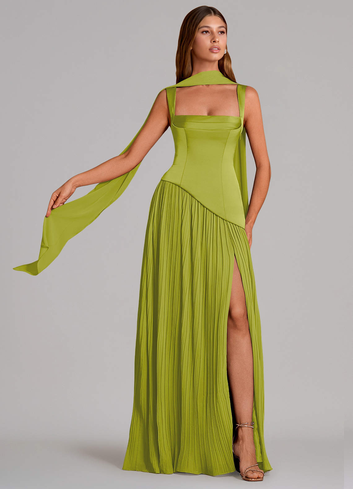 Stephanie A-Line Square-Neck Stretch Satin and Chiffon Bridesmaid Dress in Lemongrass