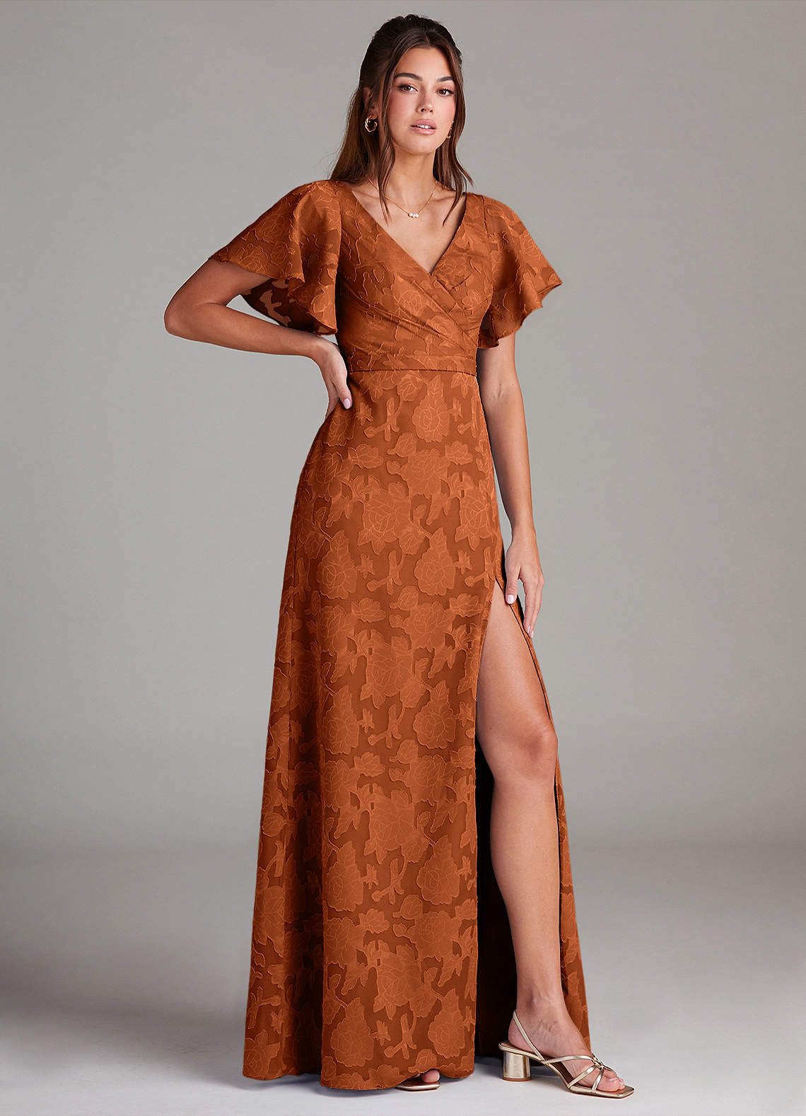 Ambrosia A-Line V-Neck Floral Burnout Bridesmaid Dress in Burnt Orange