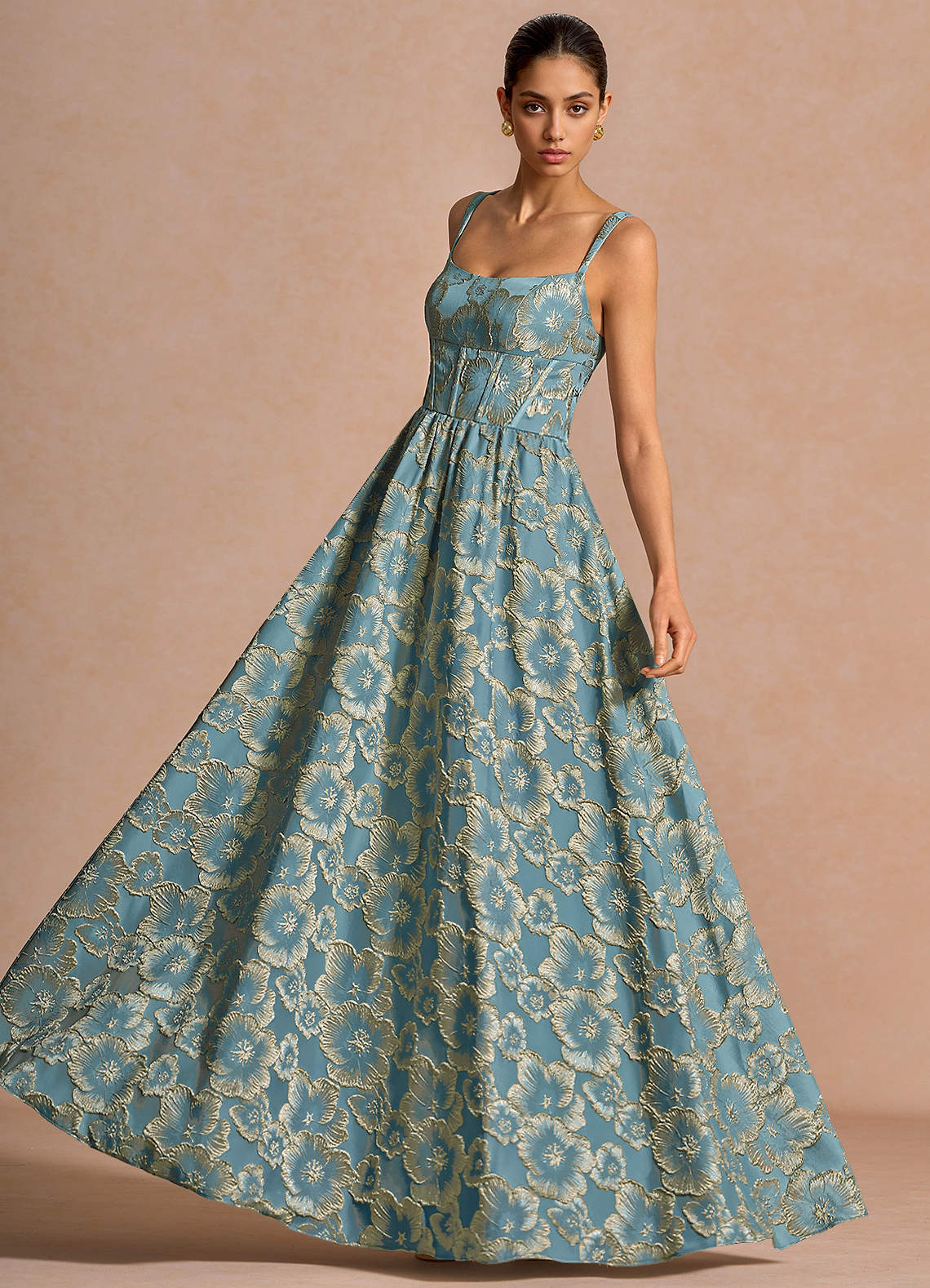 Julietteh A-Line Strappy Jacquard Taffeta Evening Dress in Lake Blue