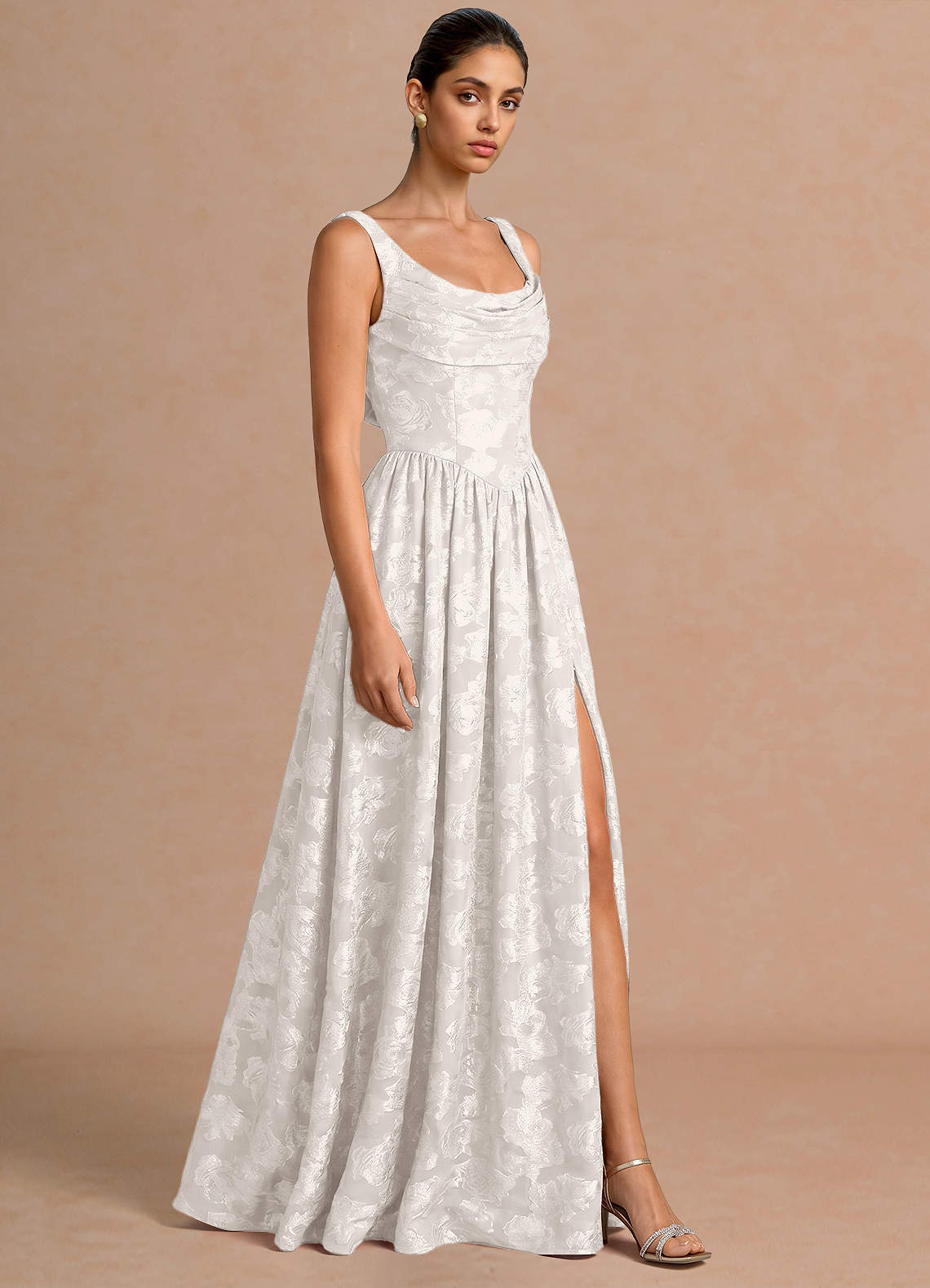 Novi A-Line Draped-Neck Floral Fil Coupé Evening Dress in White