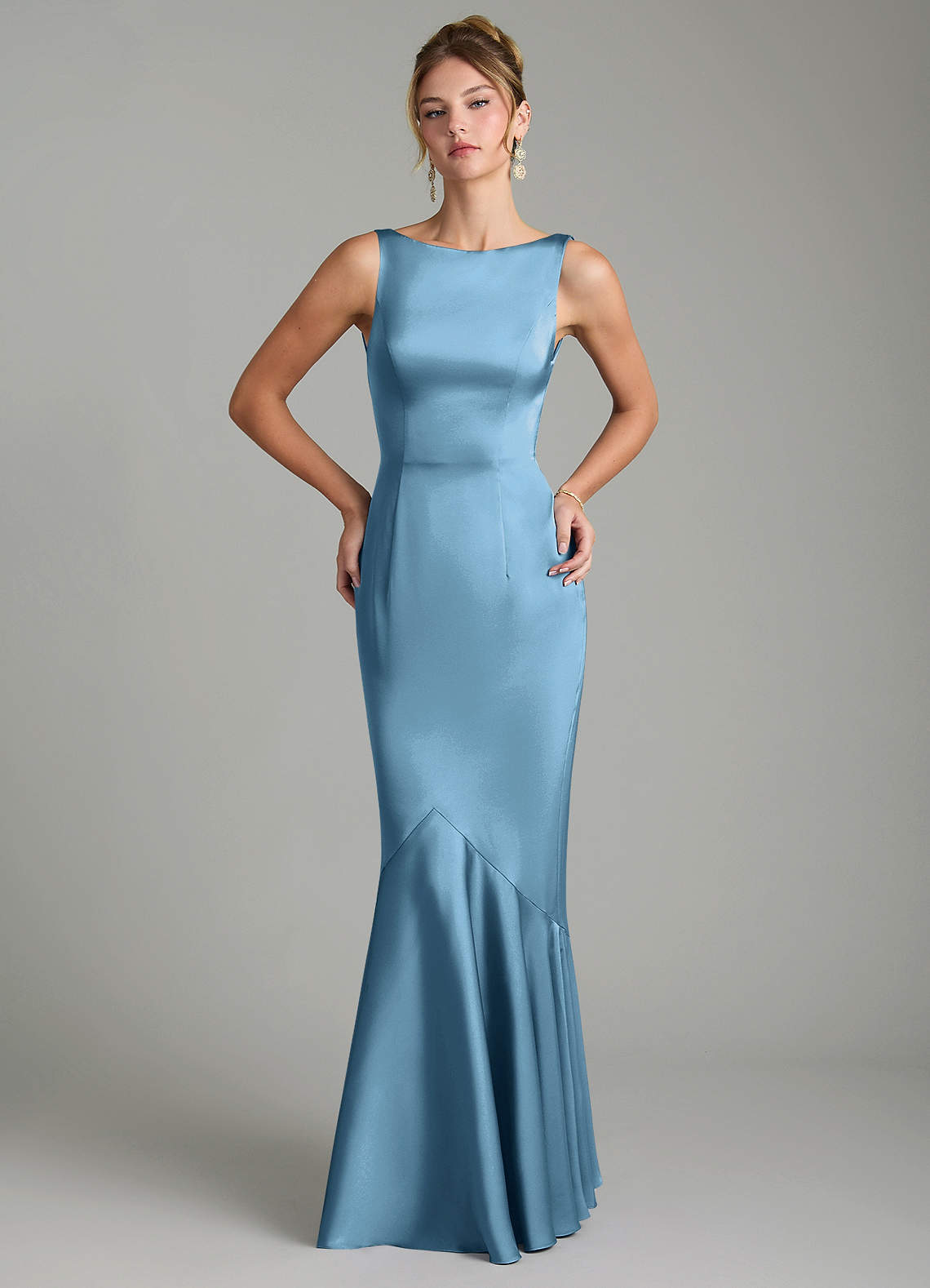 Tamera Mermaid Boat-Neck Stretch Satin and Chiffon Bridesmaid Dress in Steel Blue