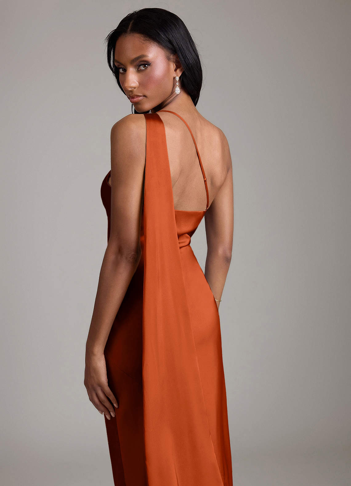 Juniper Mermaid One-Shoulder Stretch Satin Bridesmaid Dress in Paprika