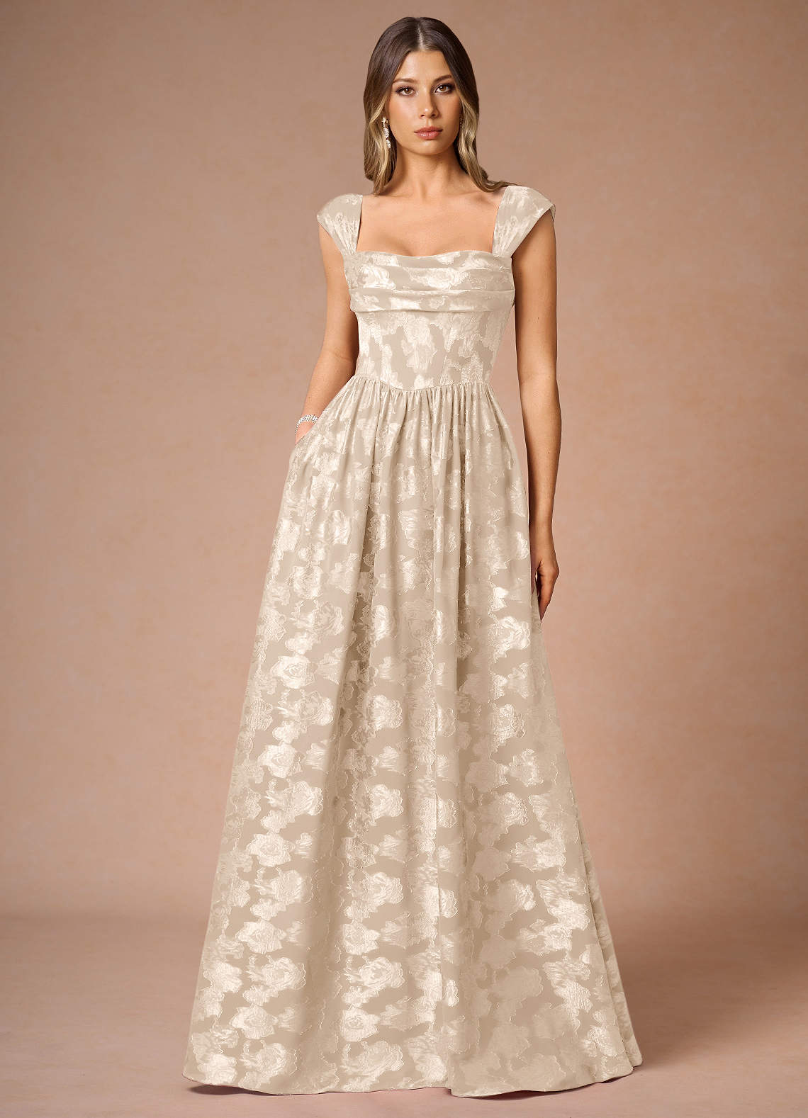 Hazel A-Line Cowl-Neck Fil Coupé Wedding Guest Dress in Cream