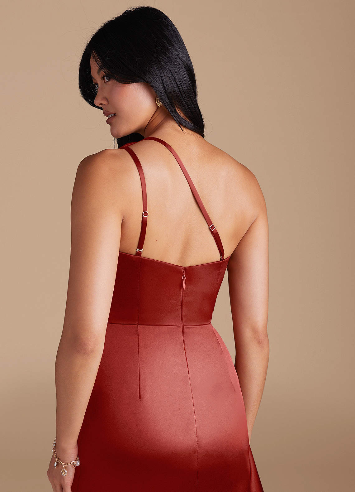 Latrice Sheath One-Shoulder Metallic Satin Bridesmaid Dress in Rust