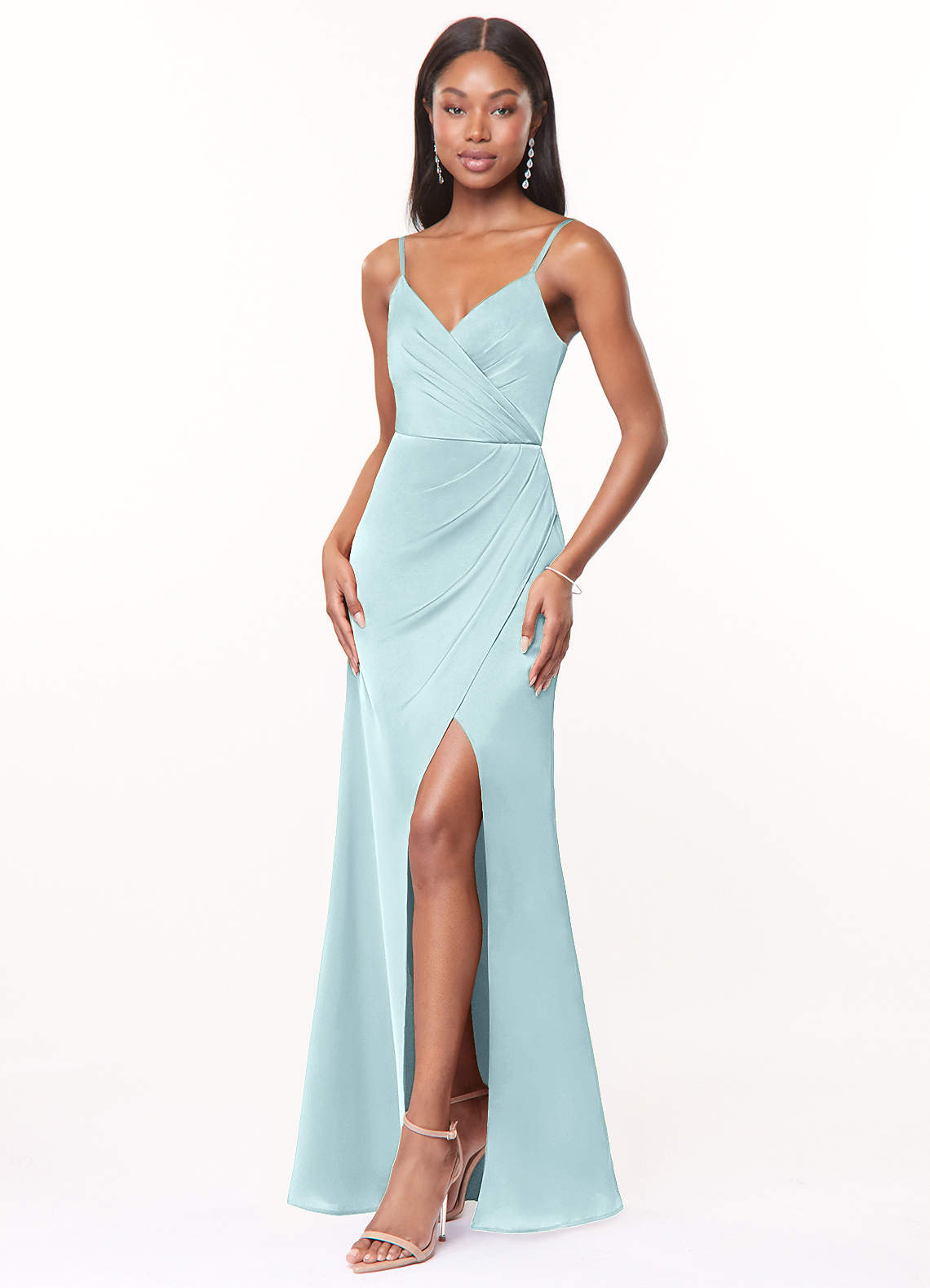 Maci A-Line V-Neck Stretch Satin Bridesmaid Dress in Cloud Blue