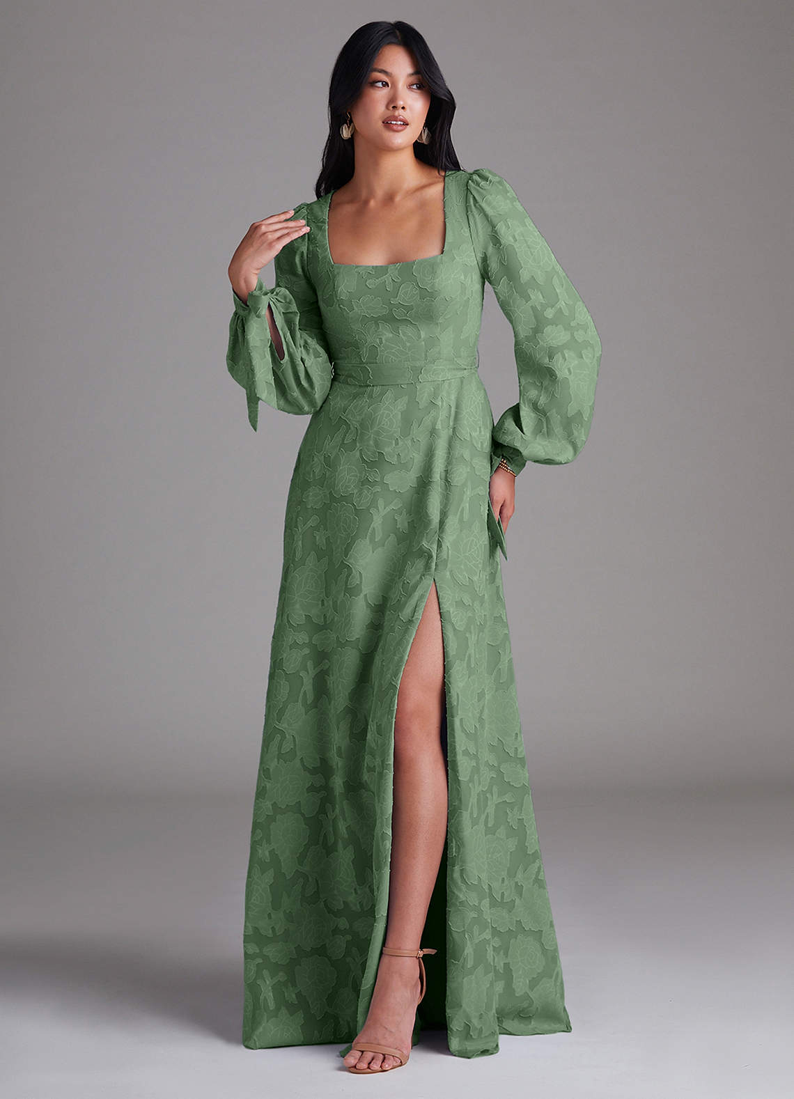 Leonia A-Line Square-Neck Stretch Satin Bridesmaid Dress in Eucalyptus