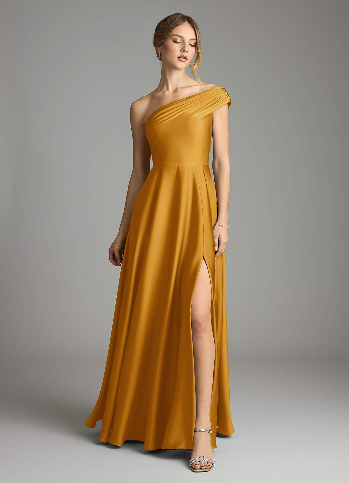 Melanie A-Line One-Shoulder Stretch Satin Bridesmaid Dress in butterscotch