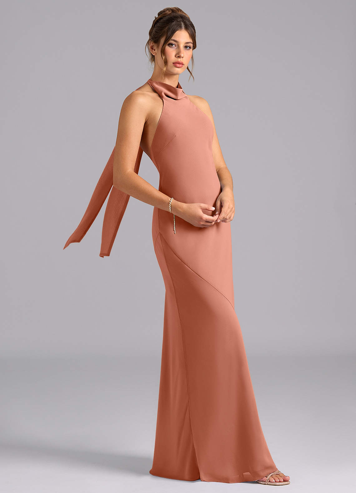 Velli Mermaid Halter Chiffon Bridesmaid Dress in MAI TAI