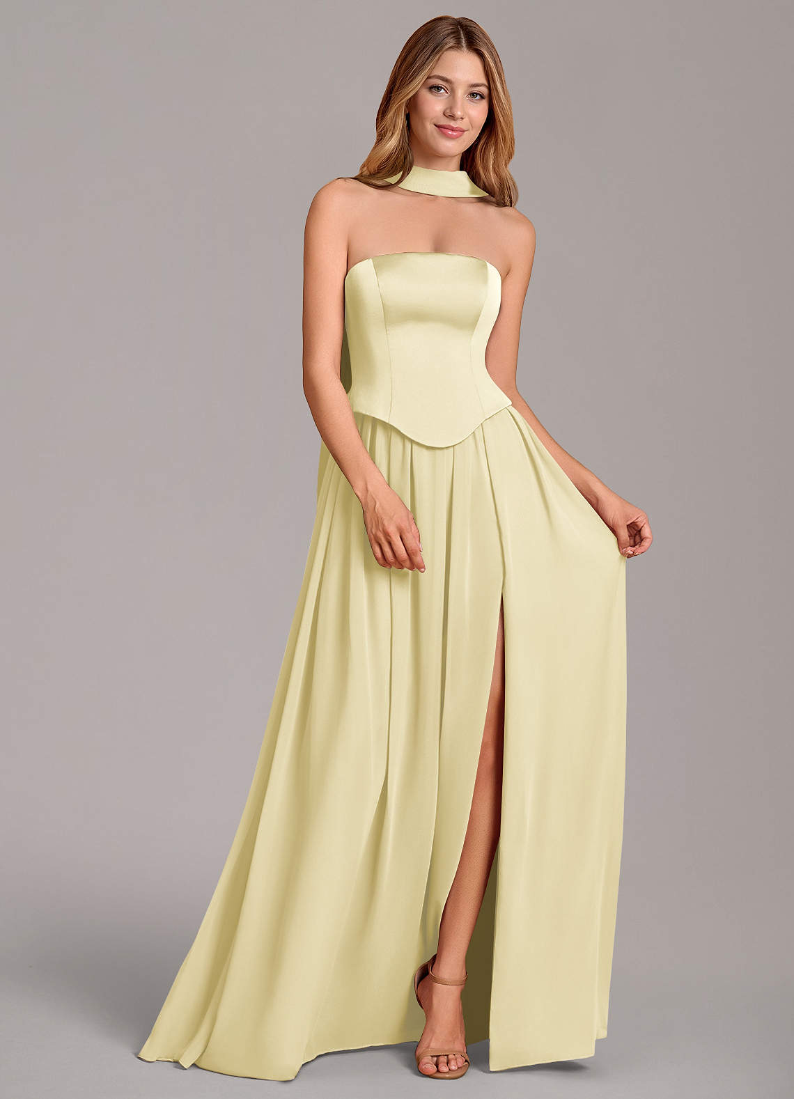 Cadence A-Line Strapless Chiffon and Stretch Satin Bridesmaid Dress in Lemon Sorbet