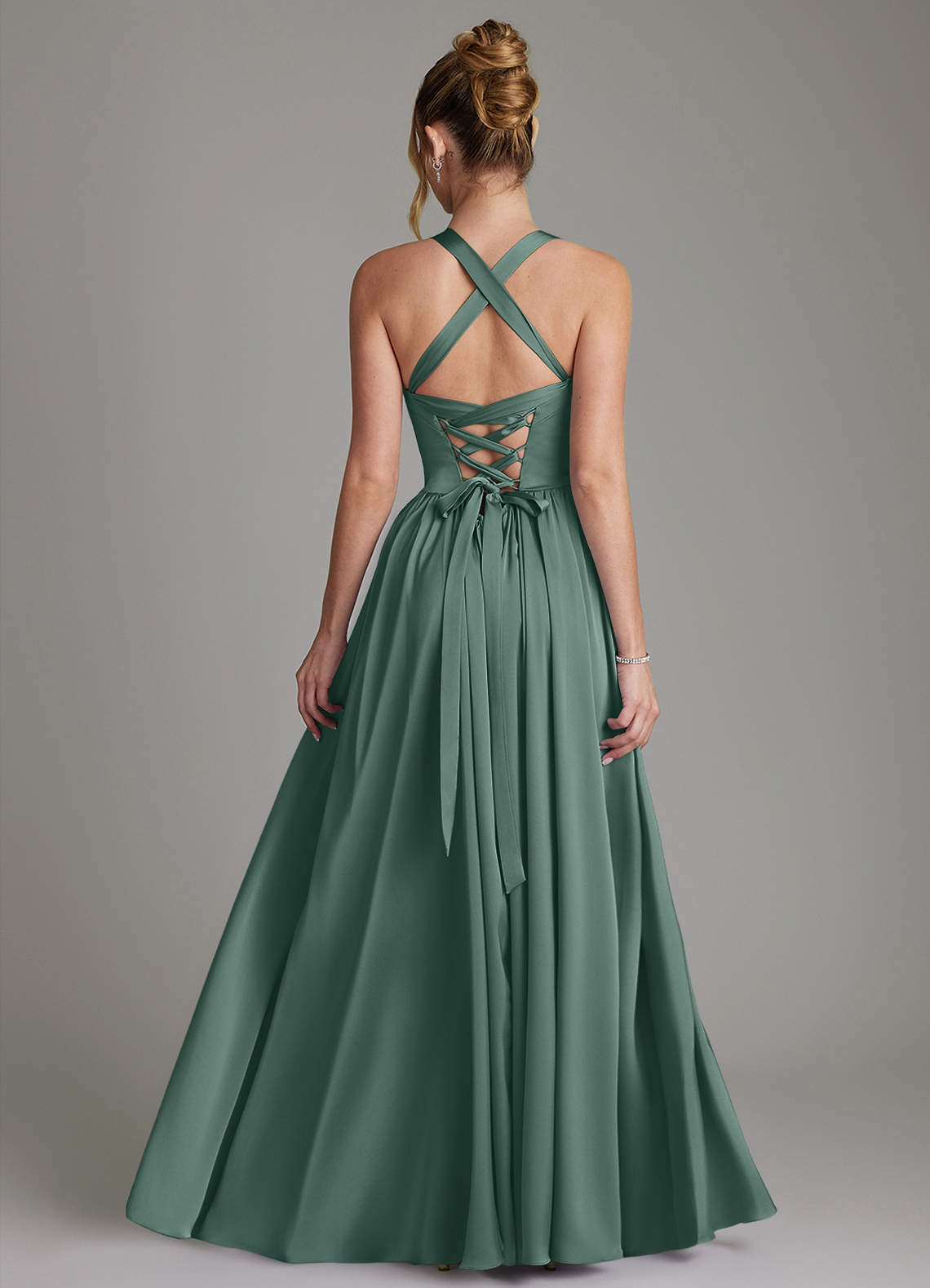 Francis A-Line V-Neck Stretch Satin Bridesmaid Dress in Eucalyptus